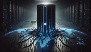 A symbolic image of the Israel binary options fraud, showing a monolithic server tower ensnaring global victims through digital tentacles across a world map.