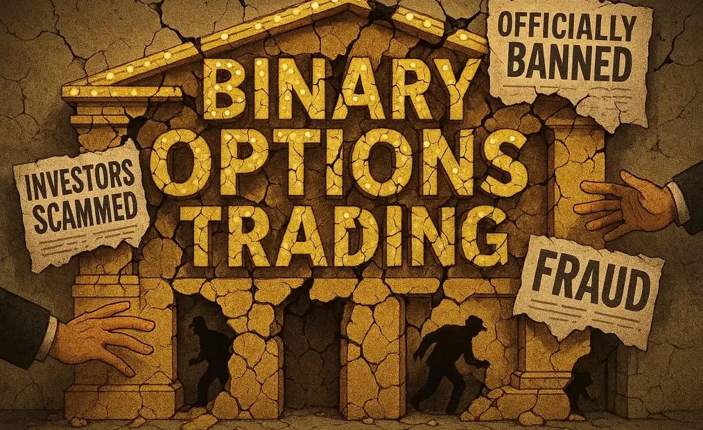 The crumbling facade of a 'Binary Options Trading' building, covered in headlines about the massive fraud, symbolizing the exposure and downfall of the industry.