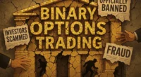 The crumbling facade of a 'Binary Options Trading' building, covered in headlines about the massive fraud, symbolizing the exposure and downfall of the industry.