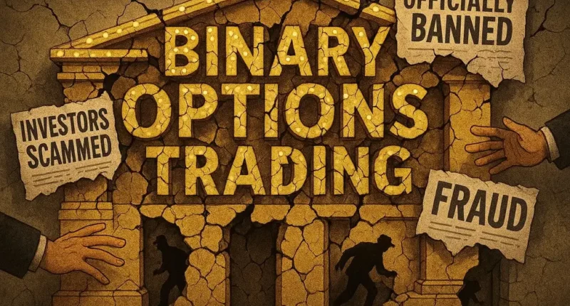The crumbling facade of a 'Binary Options Trading' building, covered in headlines about the massive fraud, symbolizing the exposure and downfall of the industry.