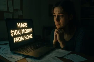 A young woman watches an ad promising instant riches, showing how Amazon FBA Course Scams prey on financial hope.