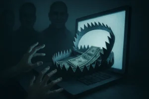 Hands reach toward a glowing computer trap, illustrating how Amazon FBA Course Scams lure victims with false success.