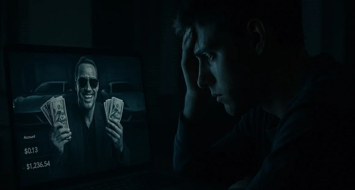 A victim stares at a fake guru on screen, symbolizing the horror behind Amazon FBA Course Scams and online money traps.