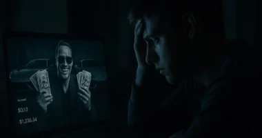 A victim stares at a fake guru on screen, symbolizing the horror behind Amazon FBA Course Scams and online money traps.