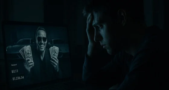 A victim stares at a fake guru on screen, symbolizing the horror behind Amazon FBA Course Scams and online money traps.