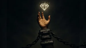 A hand chained by shackles labeled "INVENTORY COST," "TRAVEL," and "RECRUITING" reaching for a glowing "Diamond" icon, symbolizing the financial trap that contradicts the Amway income disclosure fantasy.