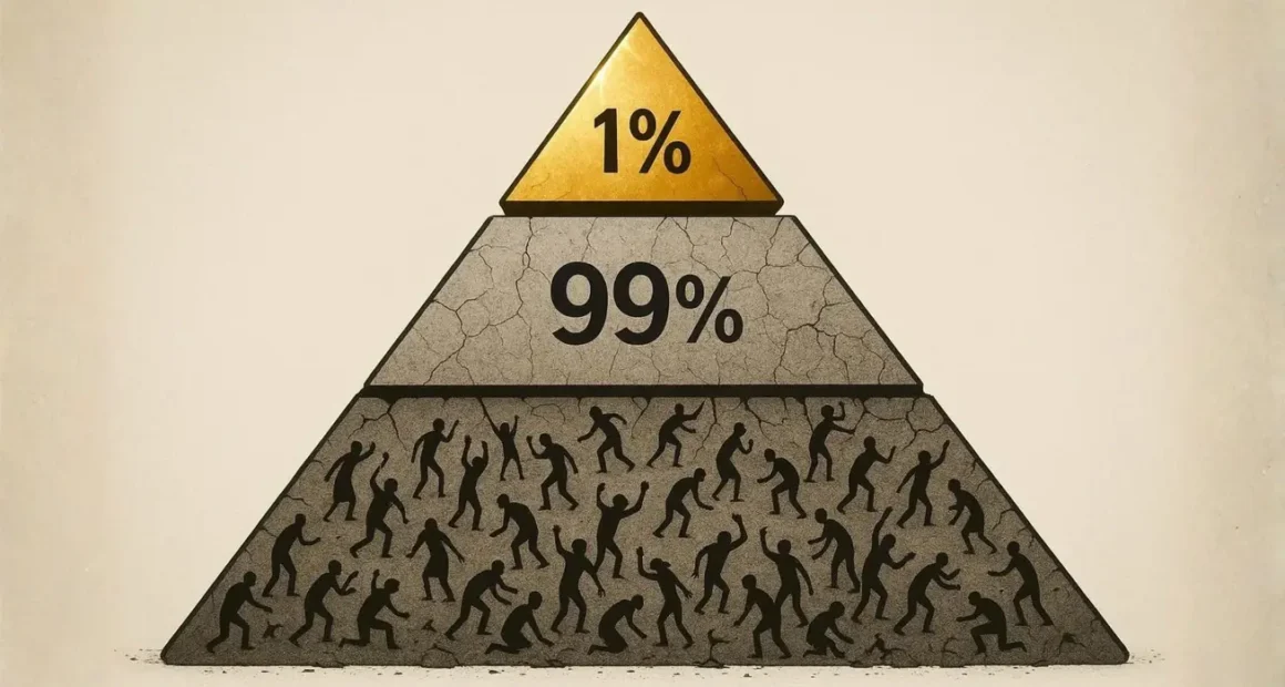 A graphic representation of an MLM pyramid where the top 1% is golden and tiny, and the massive bottom 99% is cracked and filled with struggling figures, reflecting the truth of Amway income disclosure.