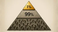 A graphic representation of an MLM pyramid where the top 1% is golden and tiny, and the massive bottom 99% is cracked and filled with struggling figures, reflecting the truth of Amway income disclosure.
