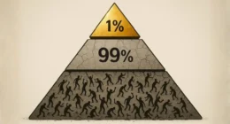 A graphic representation of an MLM pyramid where the top 1% is golden and tiny, and the massive bottom 99% is cracked and filled with struggling figures, reflecting the truth of Amway income disclosure.