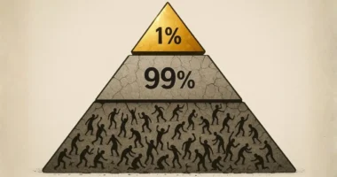A graphic representation of an MLM pyramid where the top 1% is golden and tiny, and the massive bottom 99% is cracked and filled with struggling figures, reflecting the truth of Amway income disclosure.