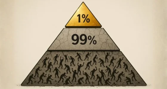 A graphic representation of an MLM pyramid where the top 1% is golden and tiny, and the massive bottom 99% is cracked and filled with struggling figures, reflecting the truth of Amway income disclosure.