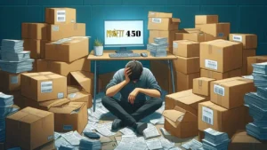 An overwhelmed person sitting amidst stacks of inventory boxes, receipts, and paperwork, with a monitor displaying a tiny "$450 PROFIT," illustrating the low net earnings despite the effort revealed by Amway income disclosure.