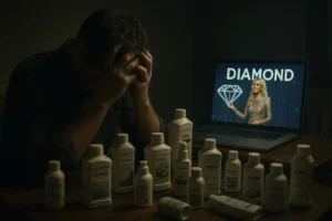A distraught man sitting in the dark with unsold Amway products, contrasting with a laptop screen showing a smiling "DIAMOND" member, highlighting the deceptive dream versus the reality of Amway income disclosure.