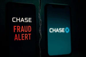 Two phone screens split apart: one showing a real "CHASE" logo and the other a fake "CHASE FRAUD ALERT," symbolizing the dual reality of bank impersonation scams and official alerts.