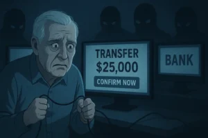 A worried elderly man staring at a computer screen demanding he "TRANSFER $25,000 CONFIRM NOW," with shadowy figures behind him, depicting a common tactic in bank impersonation scams.