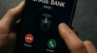 A close-up of a phone showing a spoofed "CHASE BANK" caller ID with a menacing masked face in the background, illustrating the deception of bank impersonation scams.