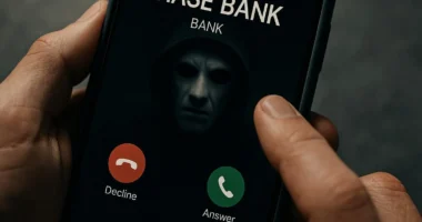 A close-up of a phone showing a spoofed "CHASE BANK" caller ID with a menacing masked face in the background, illustrating the deception of bank impersonation scams.