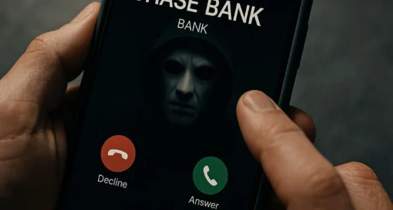 A close-up of a phone showing a spoofed "CHASE BANK" caller ID with a menacing masked face in the background, illustrating the deception of bank impersonation scams.