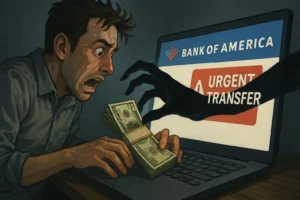 A panicked man holding cash while a dark, clawed hand reaches out from a laptop screen displaying a fake "BANK OF AMERICA URGENT TRANSFER" warning, demonstrating the aggressive nature of bank impersonation scams.