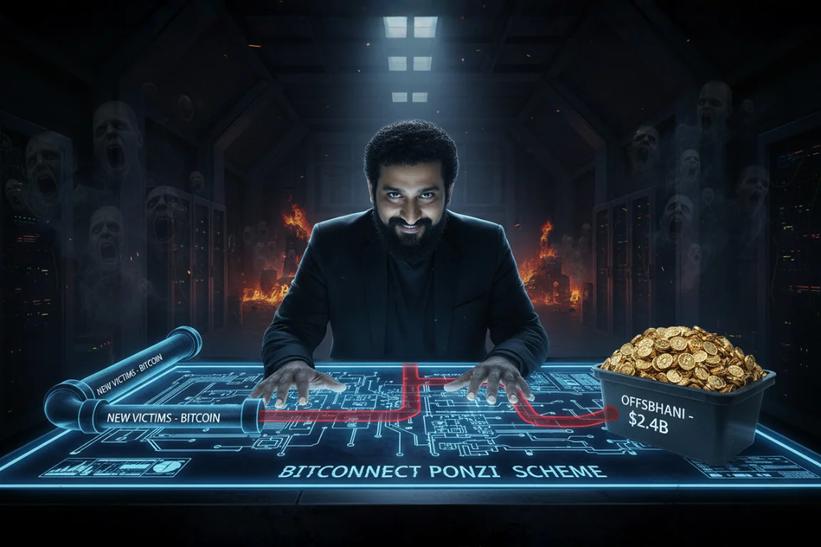 Satish Kumbhani depicted as the villain of the Bitconnect Ponzi scheme, diverting $2.4B from victims (screaming faces) into his personal fund on a holographic map.