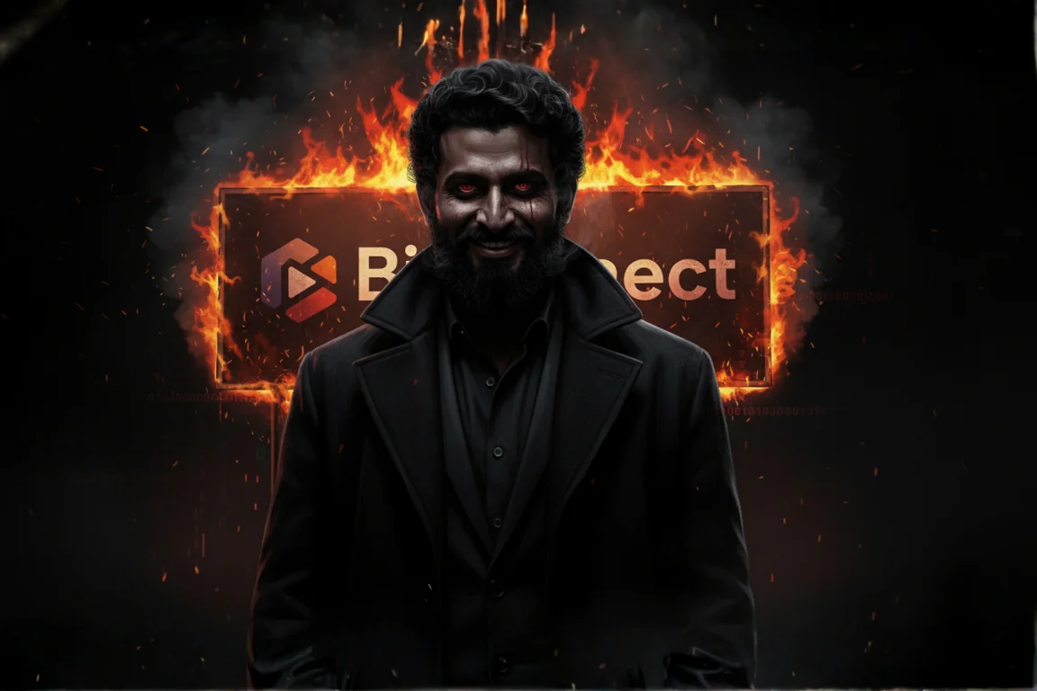 A financial horror portrait of Bitconnect Ponzi founder Satish Kumbhani with glowing red demonic eyes, standing in front of the burning Bitconnect logo.