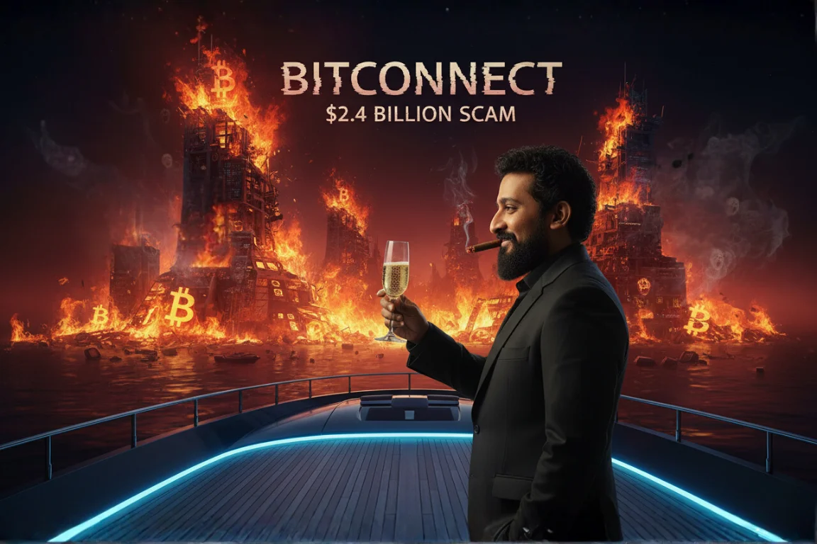 Satish Kumbhani celebrating the $2.4 billion Bitconnect Ponzi scheme, toasting with champagne on a yacht as the financial world (a city) burns behind him.