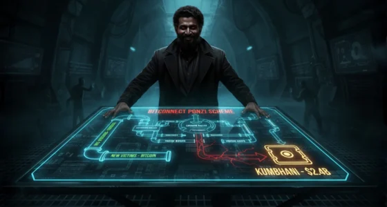 Bitconnect founder Satish Kumbhani analyzing a holographic blueprint of the Bitconnect Ponzi scheme, showing how he diverted $2.4B from new victims to his personal vault