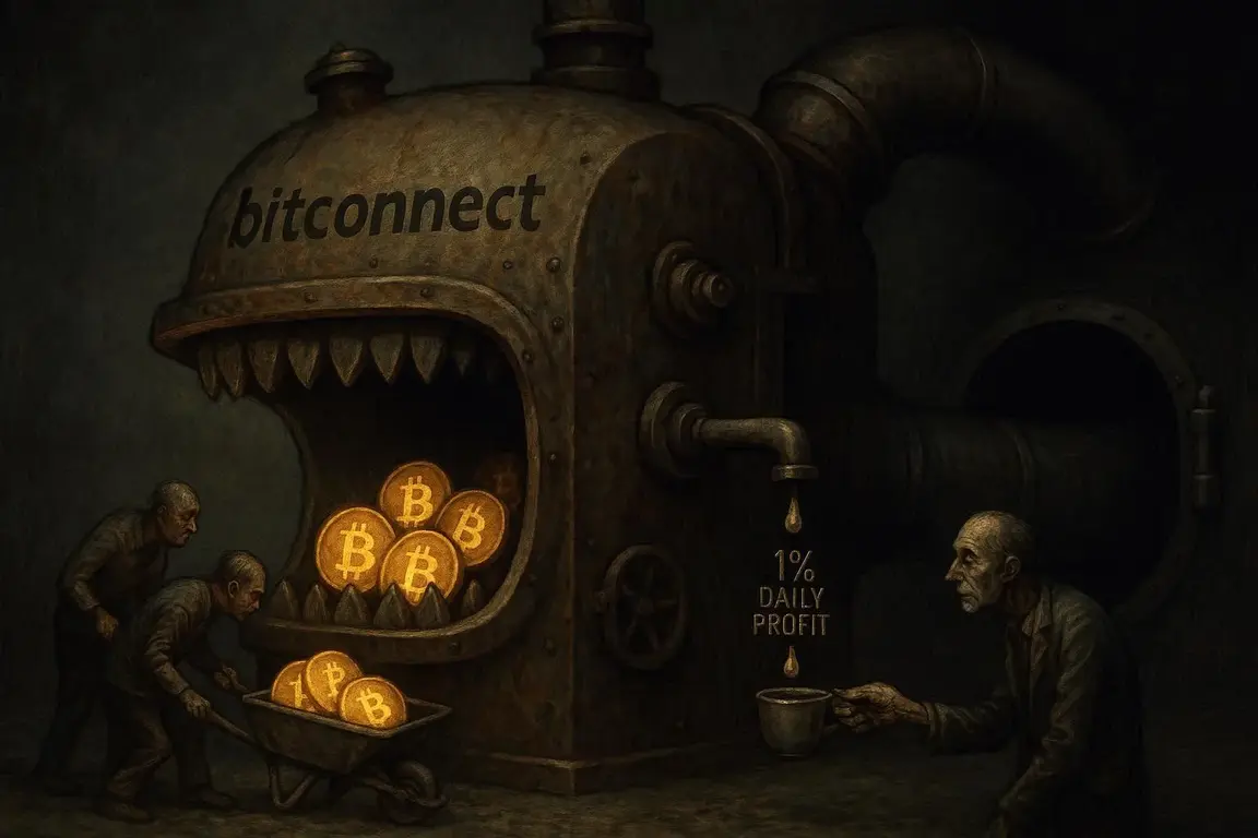 A dark illustration of the Bitconnect Ponzi scheme as a giant, menacing machine: new victims feed it Bitcoin, while it only drips out a fake "1% Daily Profit".