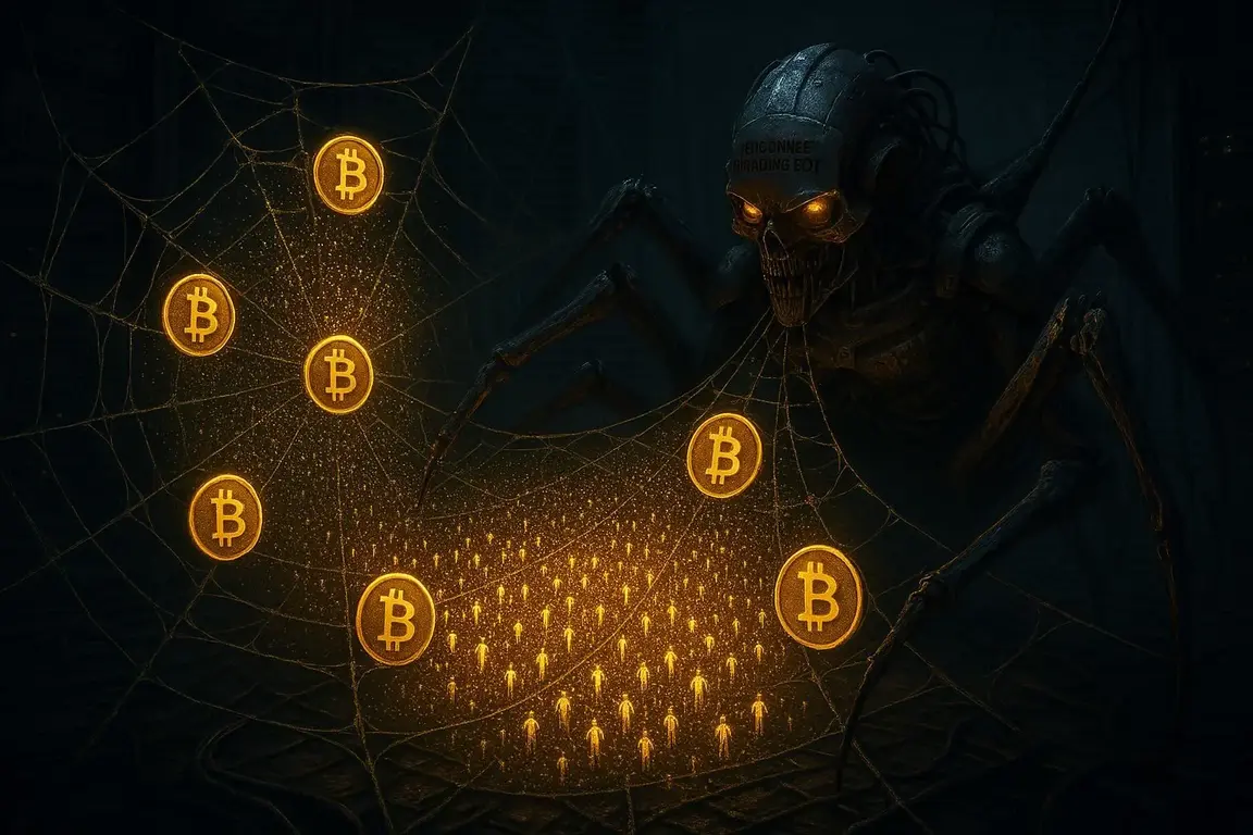 A financial horror image of the fake Bitconnect "trading bot" as a monstrous robot spider, trapping thousands of tiny investors in its web, symbolizing the Bitconnect Ponzi.