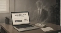 A laptop showing a fast "BUSINESS LOANS" application website next to a stack of cash, with a figure in a suit dissolving into smoke in the background, representing a fake lender pulling a vanishing act in business loan scams.
