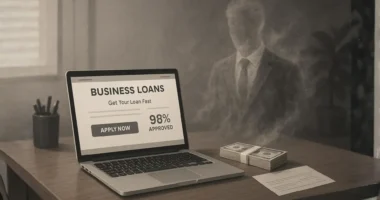 A laptop showing a fast "BUSINESS LOANS" application website next to a stack of cash, with a figure in a suit dissolving into smoke in the background, representing a fake lender pulling a vanishing act in business loan scams.