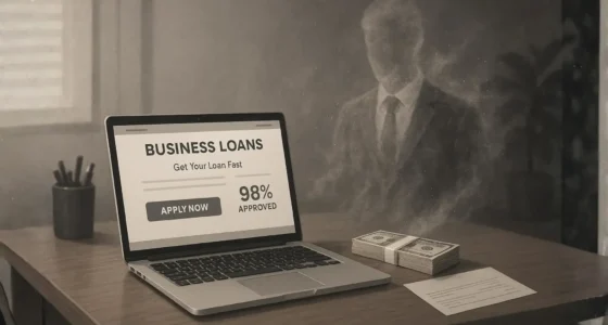 A laptop showing a fast "BUSINESS LOANS" application website next to a stack of cash, with a figure in a suit dissolving into smoke in the background, representing a fake lender pulling a vanishing act in business loan scams.