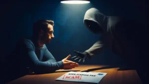 A small business owner sits across a table from a shadowy figure, symbolizing a fake lender, with an envelope marked "APPLICATION FEE SCAM" between them, illustrating business loan scams.