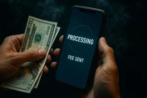 Close-up of hands holding cash next to a smartphone screen that confirms "PROCESSING FEE SENT," highlighting the advance-fee payment required by business loan scams.
