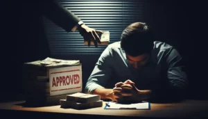 A stressed man sits at a dark desk with a large stack of money and a sign reading "APPROVED," while a shadowy hand reaches in with more cash, suggesting the manipulative pressure tactic used in business loan scams.