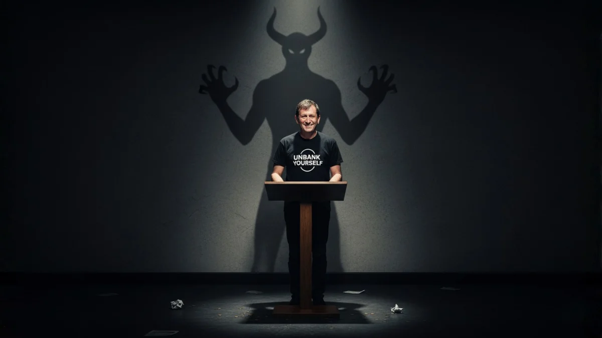 Alex Mashinsky in an "UNBANK YOURSELF" t-shirt, smiling while casting a demonic shadow, symbolizing the deep deception behind the Celsius Network bankruptcy.