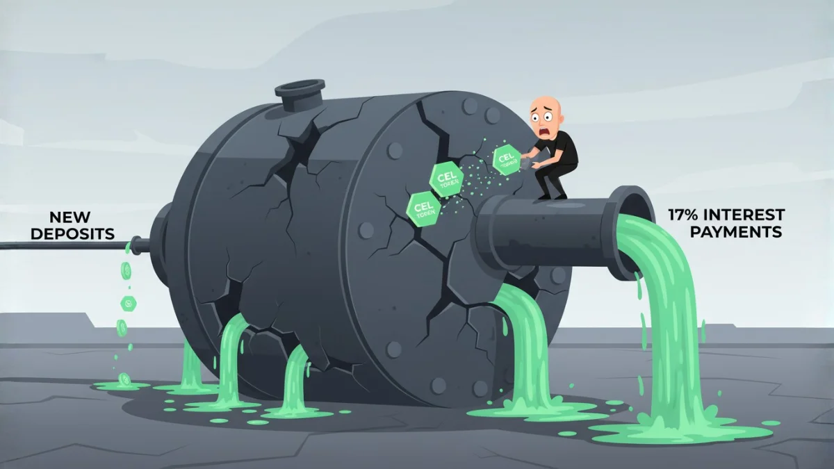 A cartoon illustrating the Celsius Network bankruptcy as a Ponzi scheme: "New Deposits" fund the "17% Interest Payments" from a cracked machine that Alex Mashinsky tries to patch with worthless CEL tokens.