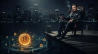 Alex Mashinsky depicted as a gangster, smoking a cigar and fishing for crypto coins in a 'pond' of user deposits, symbolizing the theft in the Celsius Network bankruptcy.
