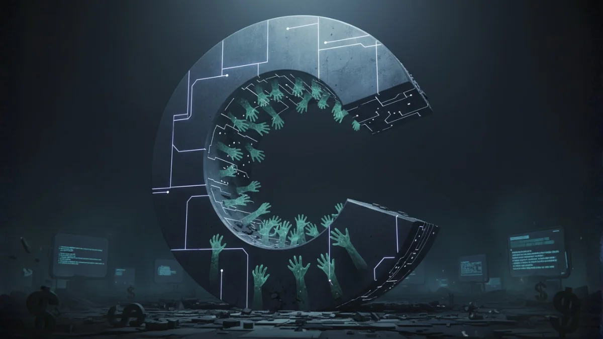 Celsius logo as a digital prison, with the ghostly hands of 1.7 million users trapped inside, symbolizing the frozen accounts of the Celsius Network bankruptcy.