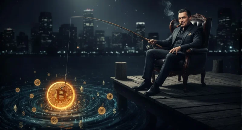 Alex Mashinsky depicted as a gangster, smoking a cigar and fishing for crypto coins in a 'pond' of user deposits, symbolizing the theft in the Celsius Network bankruptcy.
