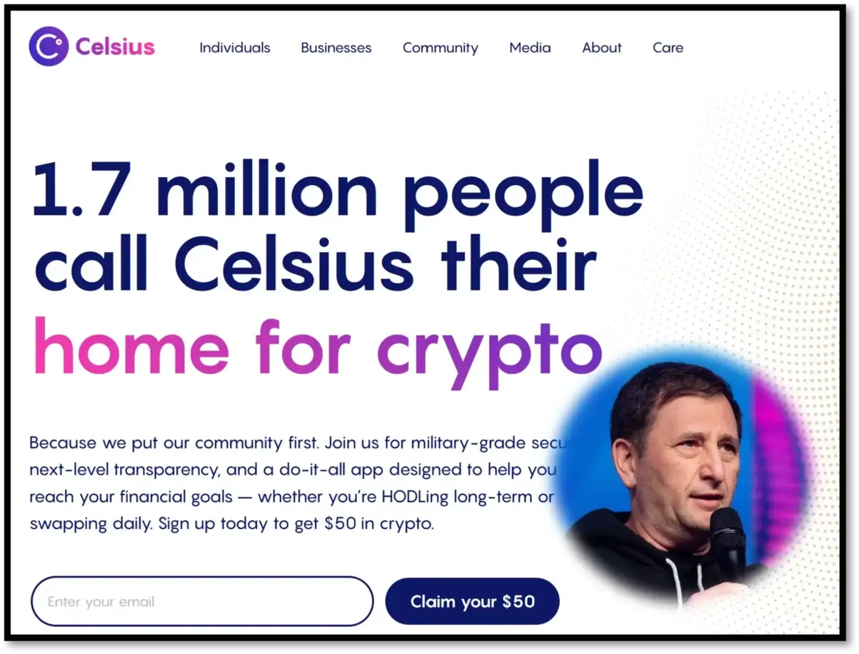 A screenshot of the old Celsius website, which falsely promised "military-grade security" to 1.7 million users before the Celsius Network bankruptcy.