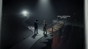 A symbolic image illustrating the illegal tactics of credit repair scams, showing a scammer offering a victim a choice between the safe path of 'Pay Bills on Time' and a dangerous, broken bridge labeled 'Legal Loopholes & EIN Trick.'