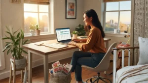 An empowered woman fixing her credit the legitimate way by reviewing her official report online, having thrown away flyers for 'quick credit fix' scams, symbolizing the rejection of fraudulent promises.