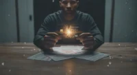 A victim of a credit repair scam holds a shattered credit card promising a '750+' score, symbolizing the fake promises and disastrous results of these schemes.