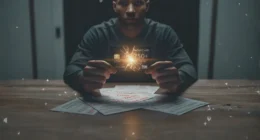 A victim of a credit repair scam holds a shattered credit card promising a '750+' score, symbolizing the fake promises and disastrous results of these schemes.