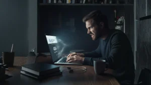 A frustrated victim of a credit repair scam discovers the company has vanished, as the fraudulent website on his laptop dissolves into a '404 Page Not Found' error.