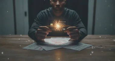 A victim of a credit repair scam holds a shattered credit card promising a '750+' score, symbolizing the fake promises and disastrous results of these schemes.