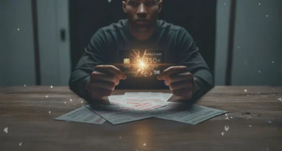 A victim of a credit repair scam holds a shattered credit card promising a '750+' score, symbolizing the fake promises and disastrous results of these schemes.
