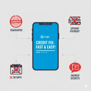 An infographic illustrating the major red flags of a credit repair scam, including fake 'guarantees,' illegal demands for 'upfront payment,' unrealistic '30 days' promises, and claims of 'insider secrets.'