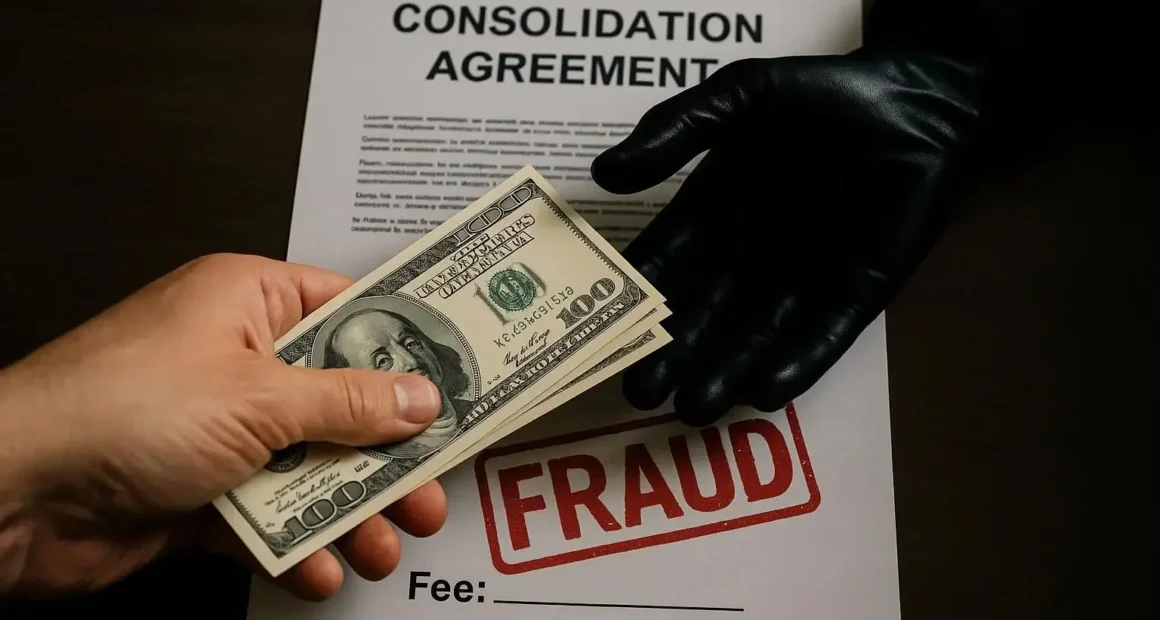 A consumer's hand giving cash to a black-gloved hand over a "Consolidation Agreement" stamped with FRAUD, symbolizing the advance fee trap of debt consolidation fraud.